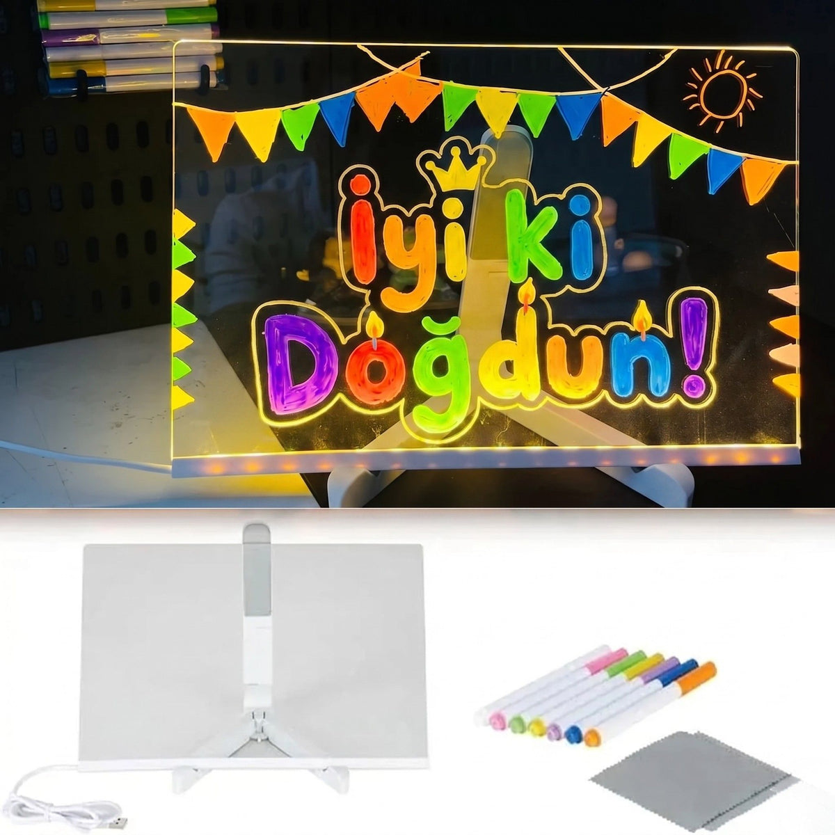 Ayzamila™ - LED Işıklı Yazı ve Çizim Panosu 20x20 Cm
