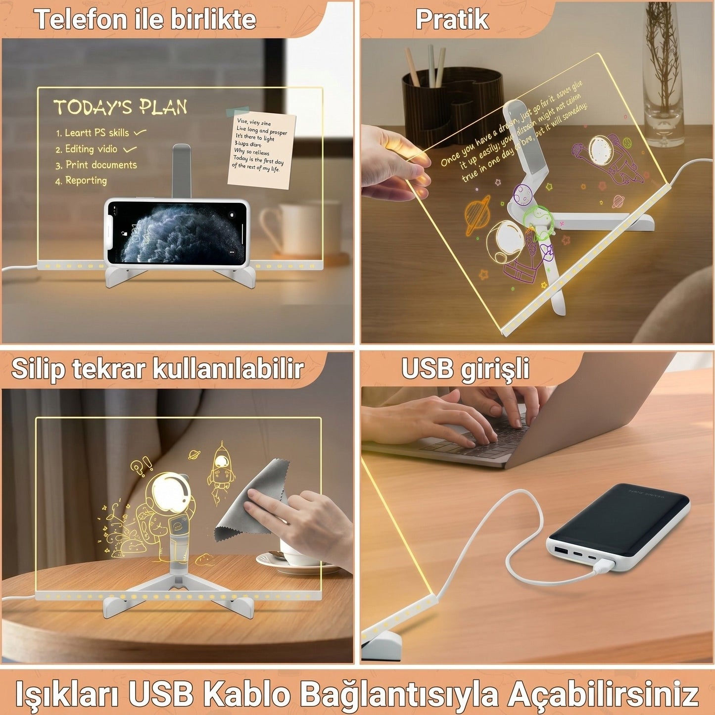 Ayzamila™ - LED Işıklı Yazı ve Çizim Panosu 20x20 Cm